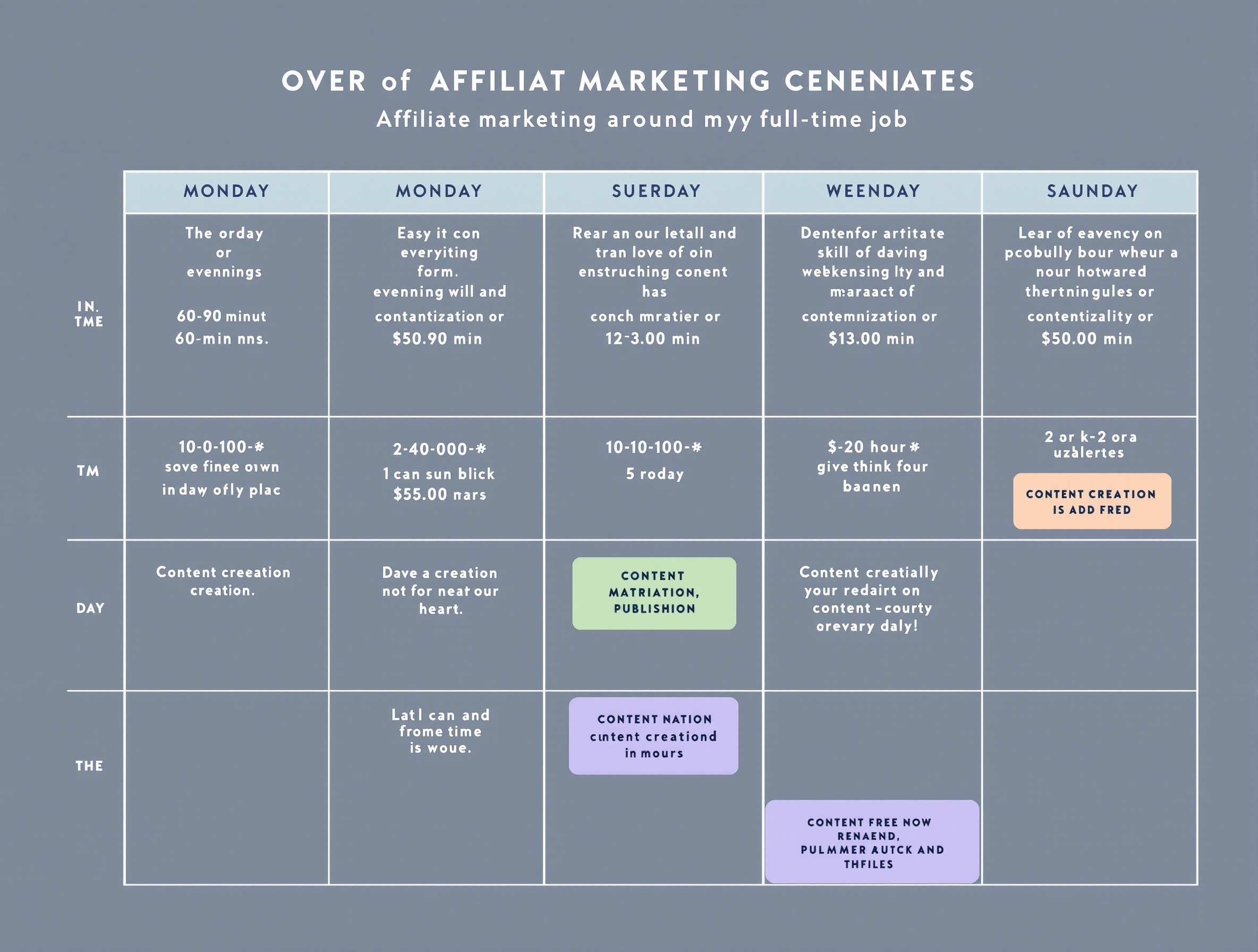 Weekly schedule showing 5-10 hours of affiliate marketing time blocks around full-time job